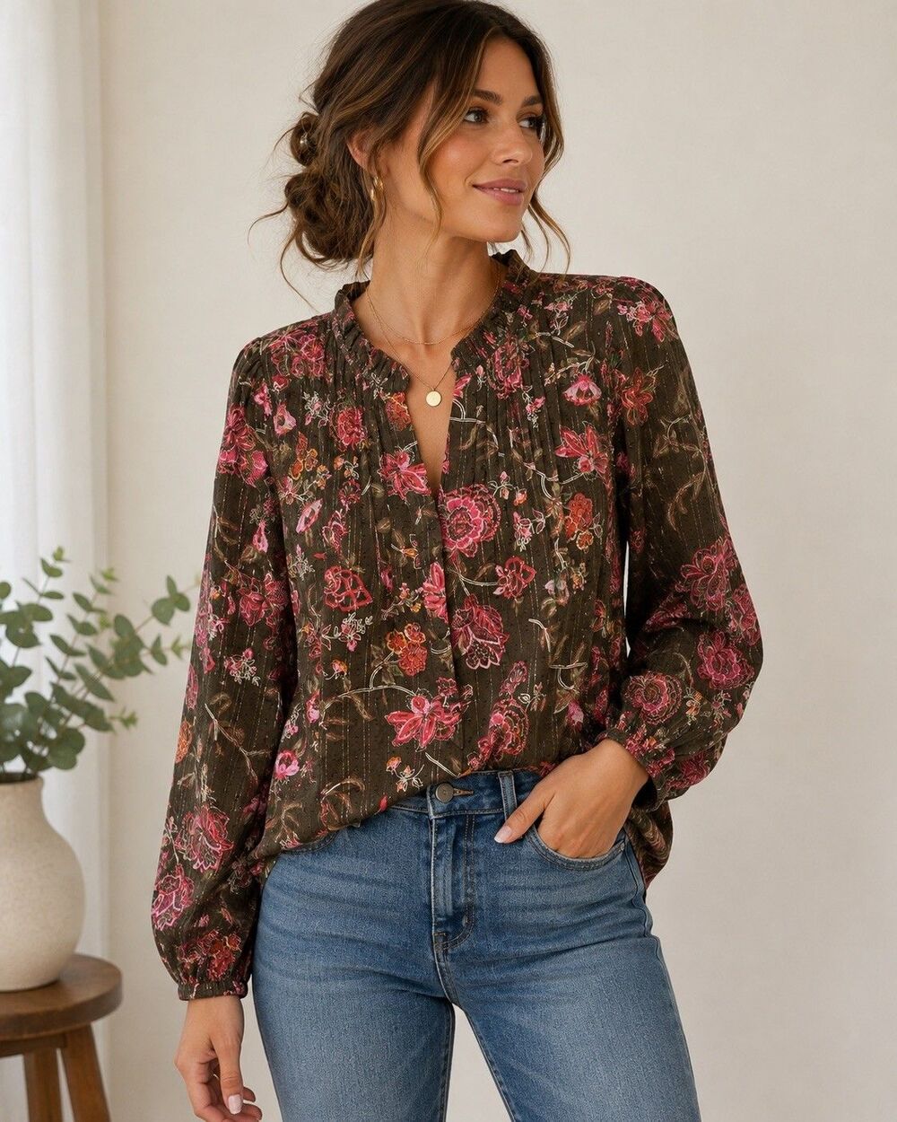Talbots Graceful Pintuck Top Women Olive Green Floral Ruffle Half Button Placket